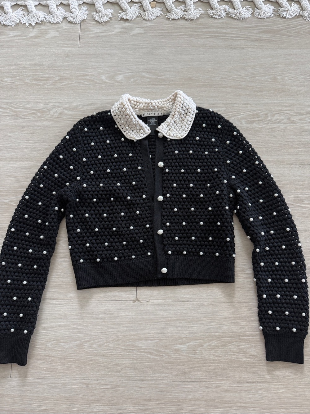 Alice + Olivia Black Cardigan with Cream Pearl-Trim Collar